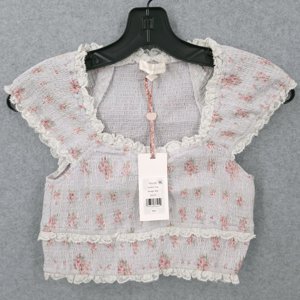 Love Shack Fancy Cambron Lace Smocked Skylight Blue Crop Top Womens Size XS